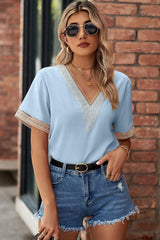 Openwork V-Neck Short Sleeve T-Shirt - Trendsi - Flyclothing LLC