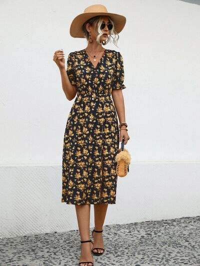 Slit Printed V-Neck Short Sleeve Dress - Trendsi - Flyclothing LLC