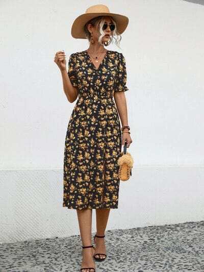 Slit Printed V-Neck Short Sleeve Dress - Trendsi - Flyclothing LLC