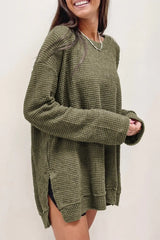 Waffle-Knit Round Neck Long Sleeve Sweatshirt - Trendsi - Flyclothing LLC