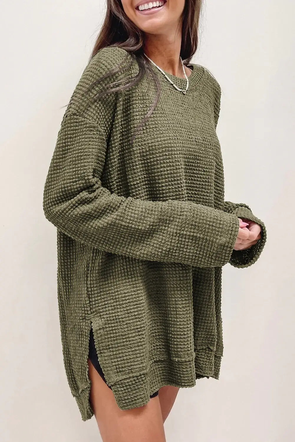 Waffle-Knit Round Neck Long Sleeve Sweatshirt - Trendsi - Flyclothing LLC