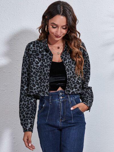 Leopard Button Up Collared Neck Cropped Jacket - Trendsi