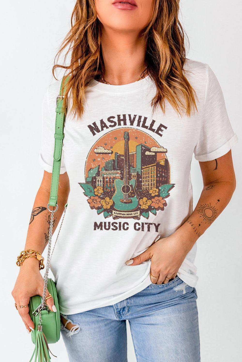 NASHVILLE MUSIC CITY Graphic Round Neck Tee - Trendsi - Flyclothing LLC