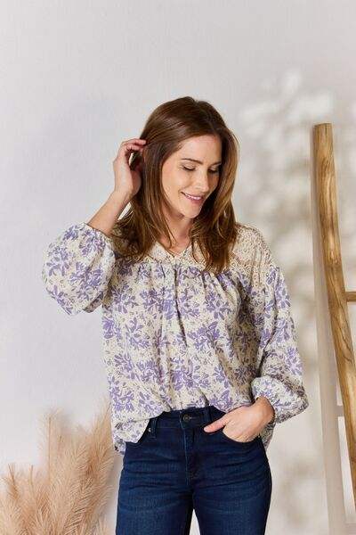 Hailey & Co Full Size Lace Detail Printed Blouse - Trendsi - Flyclothing LLC