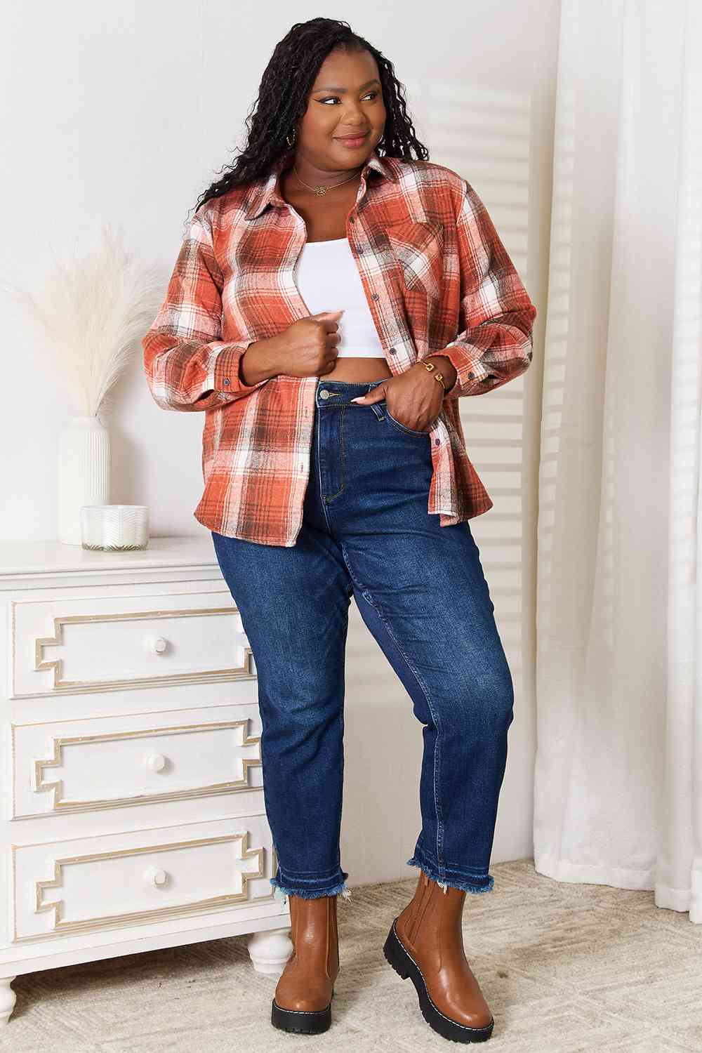 Double Take Plaid Collared Neck Long Sleeve Shirt - Trendsi - Flyclothing LLC