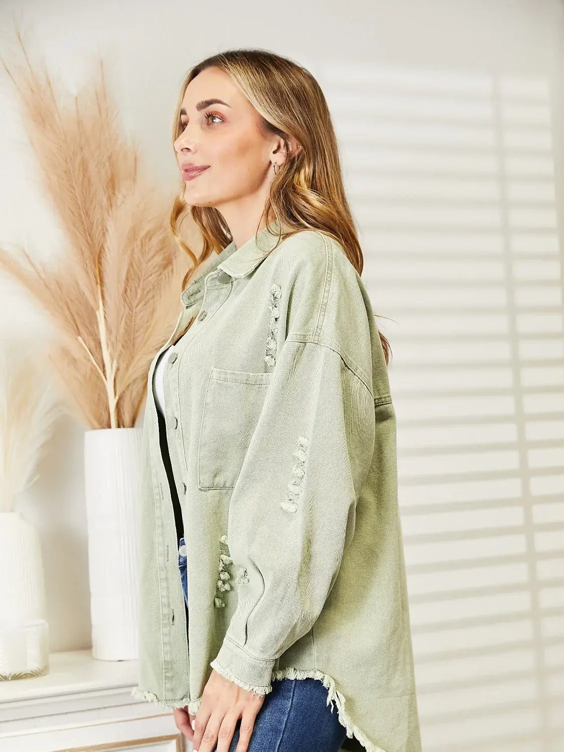 Distressed Raw Hem Denim Jacket - Trendsi - Flyclothing LLC