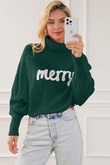 Merry Letter Embroidered High Neck Sweater - Trendsi - Flyclothing LLC