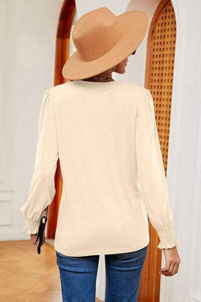 Lace Detail V-Neck Lantern Sleeve T-Shirt - Trendsi - Flyclothing LLC