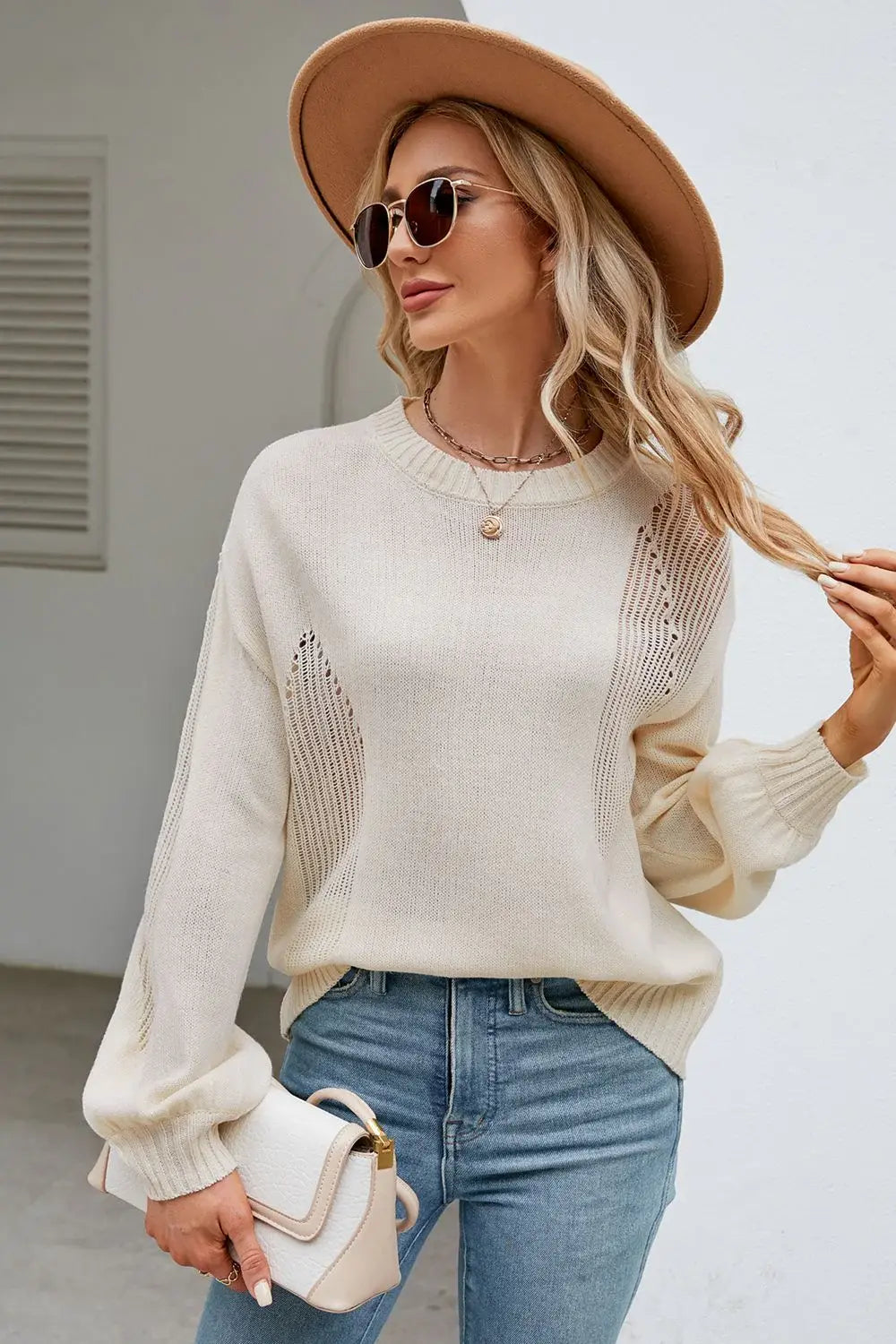 Openwork Round Neck Dropped Shoulder Knit Top - Trendsi - Flyclothing LLC