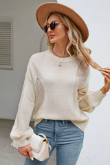 Openwork Round Neck Dropped Shoulder Knit Top - Trendsi - Flyclothing LLC