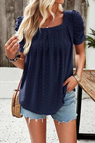 Eyelet Square Neck Puff Sleeve T-Shirt - Trendsi - Flyclothing LLC