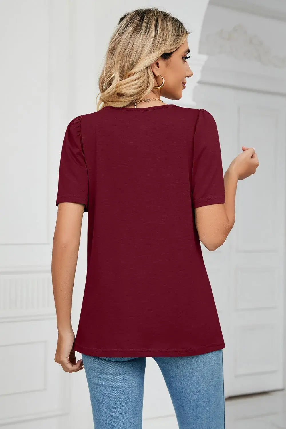 Square Neck Puff Sleeve Tee Shirt - Trendsi - Flyclothing LLC