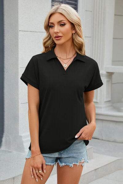Johnny Collar Short Sleeve Blouse - Trendsi - Flyclothing LLC