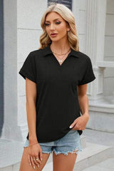 Johnny Collar Short Sleeve Blouse - Trendsi - Flyclothing LLC