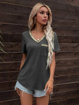 Glitter V-Neck Short Sleeve Tee Shirt - Trendsi - Flyclothing LLC
