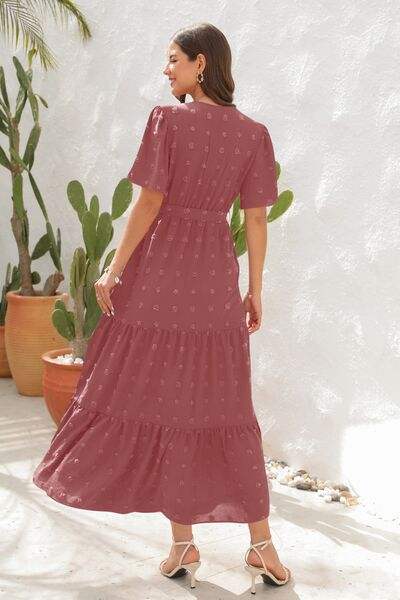 Swiss Dot Tied Surplice Short Sleeve Dress - Trendsi - Flyclothing LLC