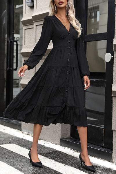 Tiered Ruched Button Up Midi Dress - Trendsi - Flyclothing LLC