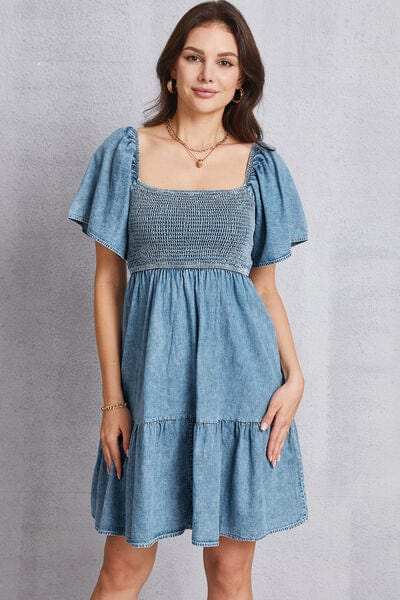 Smocked Square Neck Mini Denim Dress - Trendsi - Flyclothing LLC