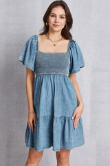 Smocked Square Neck Mini Denim Dress - Flyclothing LLC