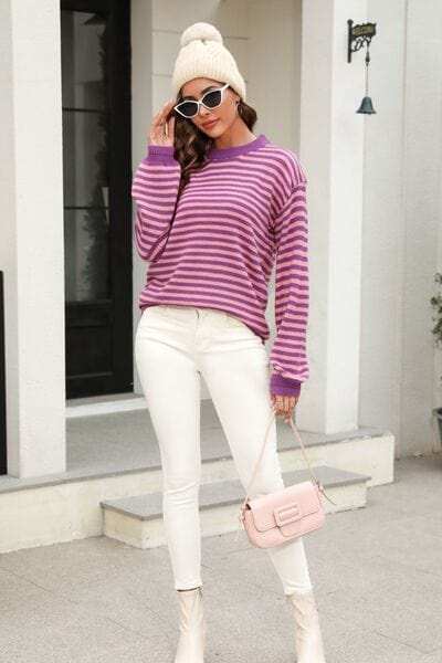 Striped Round Neck Dropped Shoulder Sweater - Trendsi - Flyclothing LLC