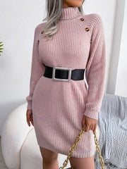 Decorative Button Turtleneck Sweater Dress - Trendsi