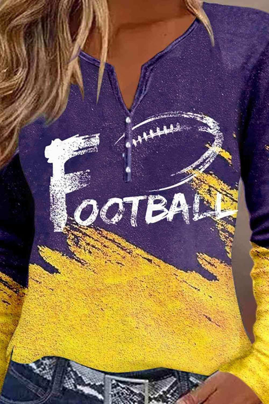FOOTBALL Graphic Notched Neck Long Sleeve T-Shirt - Trendsi - Flyclothing LLC