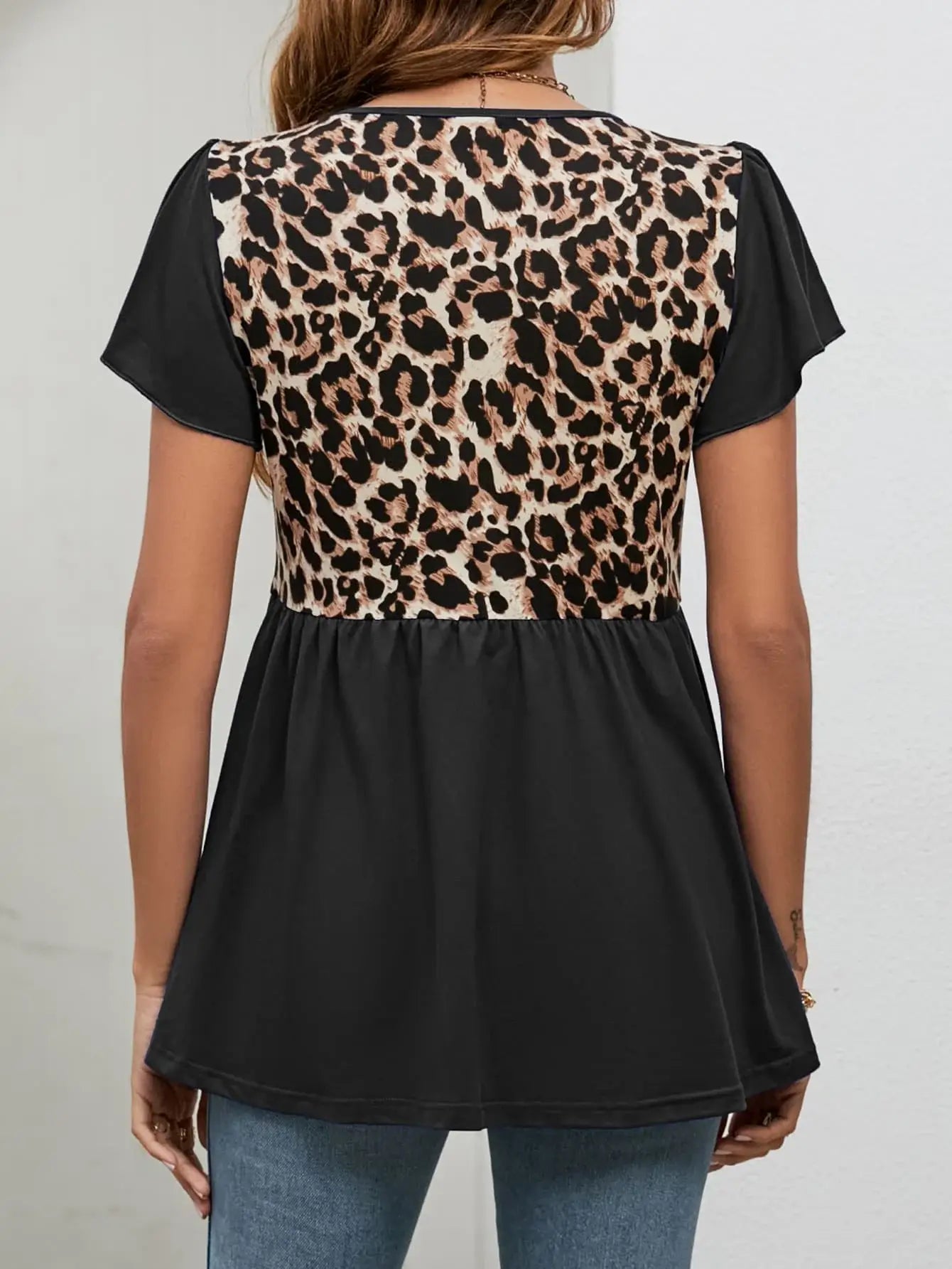Leopard Round Neck Flutter Sleeve Babydoll Blouse - Trendsi - Flyclothing LLC