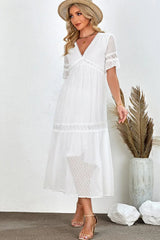 Swiss Dot V-Neck Short Sleeve Midi Dress - Trendsi - Flyclothing LLC