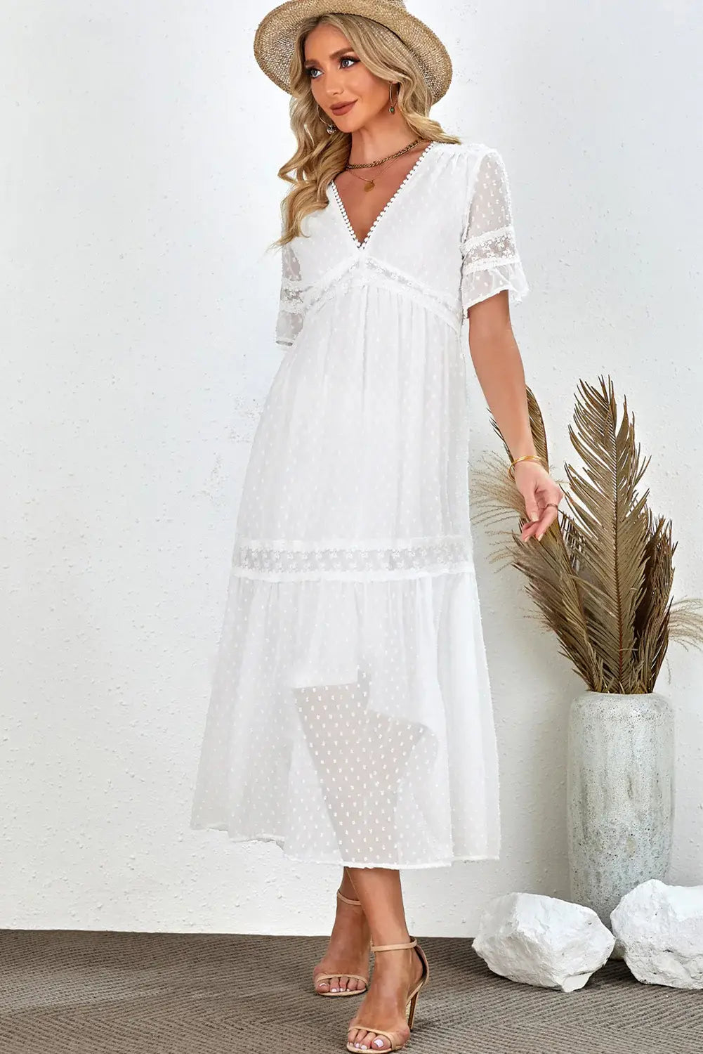 Swiss Dot V-Neck Short Sleeve Midi Dress - Trendsi - Flyclothing LLC