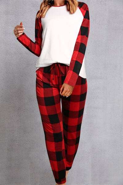 Plaid Round Neck Top and Pants Set - Trendsi - Flyclothing LLC