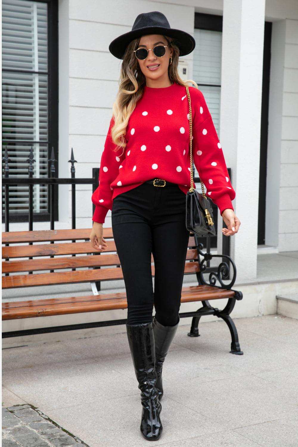 Polka Dot Round Neck Dropped Shoulder Sweater - Trendsi - Flyclothing LLC