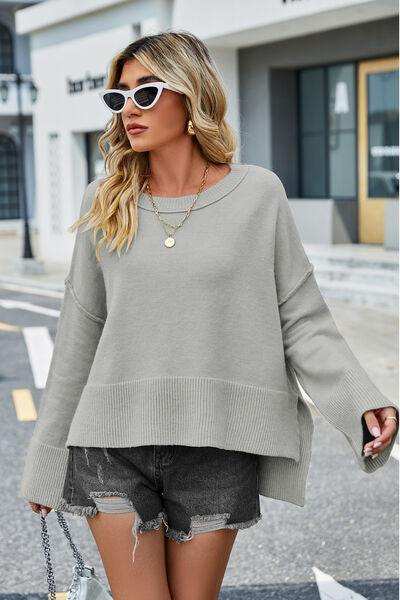 High-Low Slit Round Neck Long Sleeve Sweater - Trendsi - Flyclothing LLC