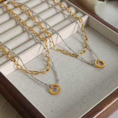 Beaded Double-Layered Titanium Steel Necklace - Trendsi - Flyclothing LLC