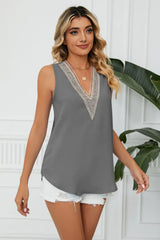 Contrast Trim Plunge Sleeveless Blouse - Trendsi - Flyclothing LLC