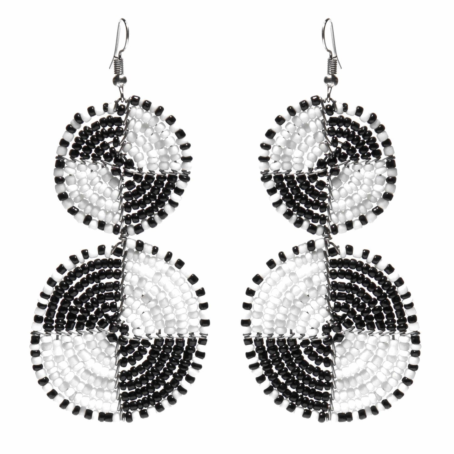 Maasai Bead Double Circle Dangle Earrings, White and Black - Jedando - Flyclothing LLC