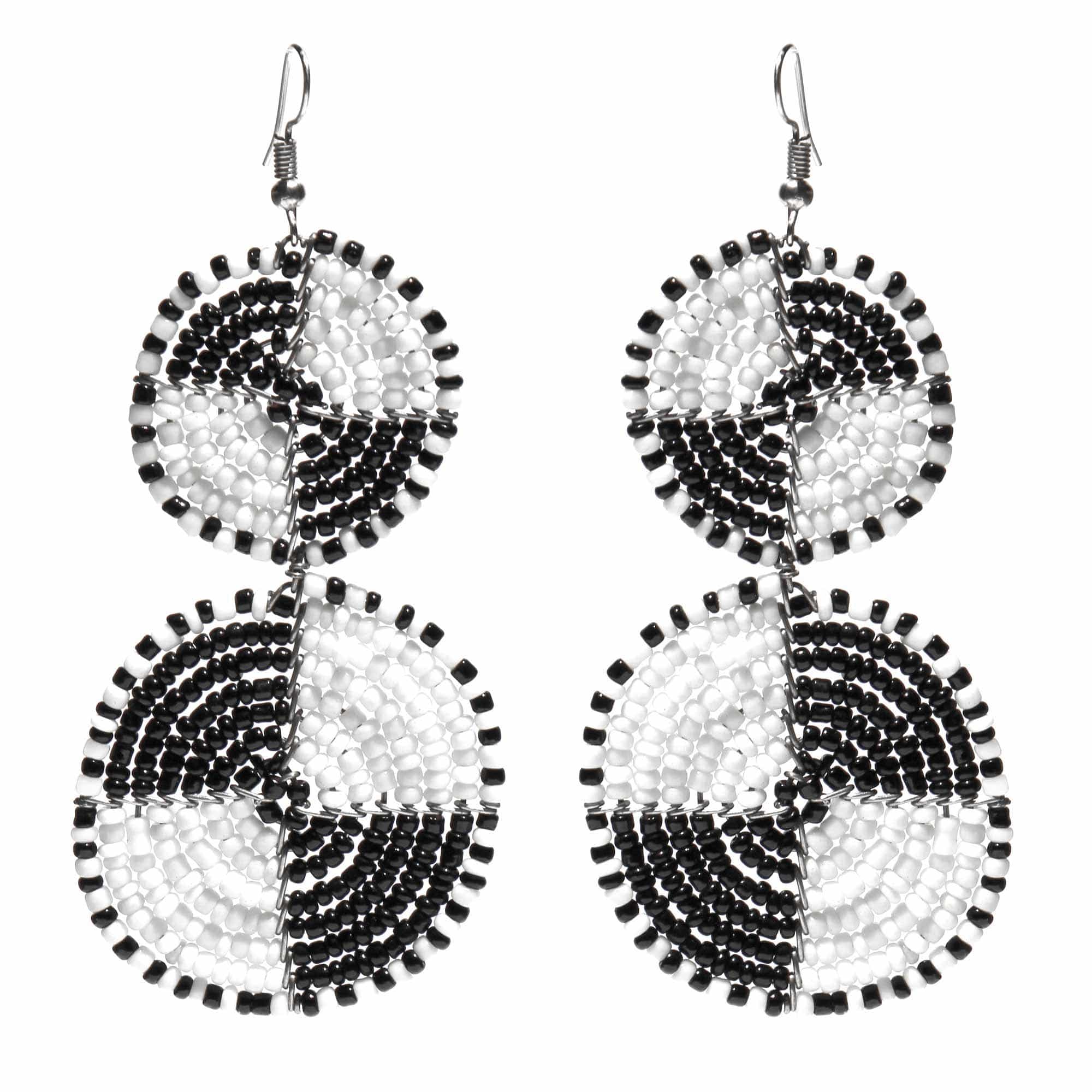 Maasai Bead Double Circle Dangle Earrings, White and Black - Jedando - Flyclothing LLC