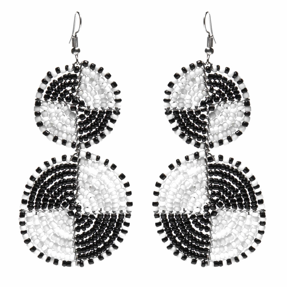 Maasai Bead Double Circle Dangle Earrings, White and Black - Flyclothing LLC