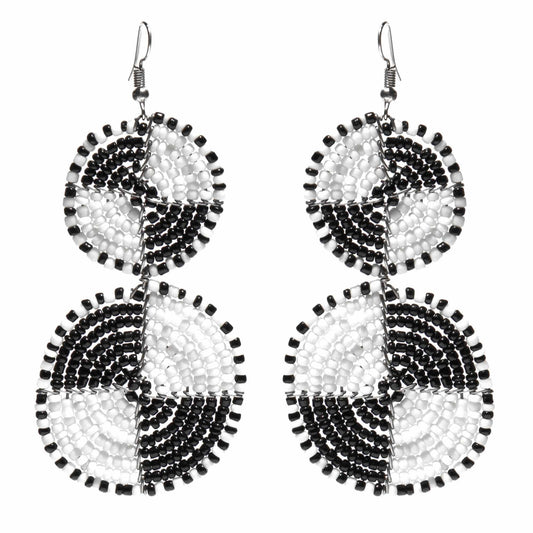 Maasai Bead Double Circle Dangle Earrings, White and Black - Flyclothing LLC