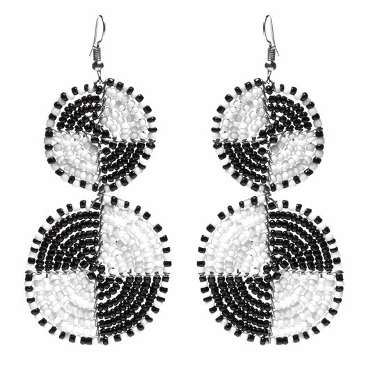 Maasai Bead Double Circle Dangle Earrings, White and Black - Flyclothing LLC