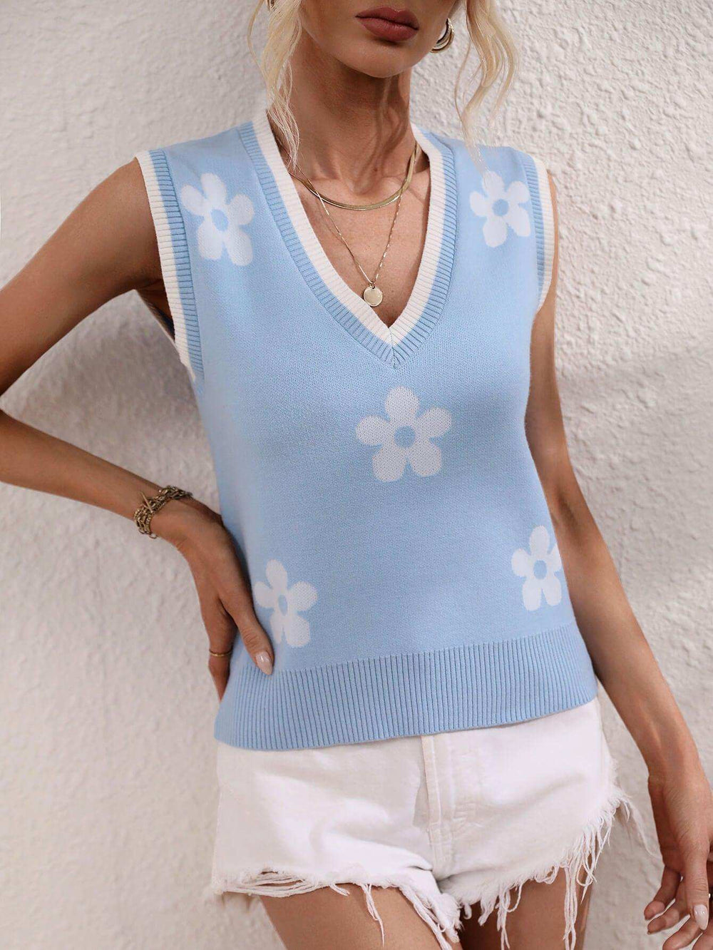 Floral Contrast Ribbed Trim Sweater Vest - Trendsi - Flyclothing LLC