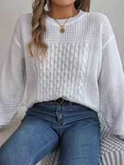 Cable-Knit Round Neck Long Sleeve Sweater - Trendsi