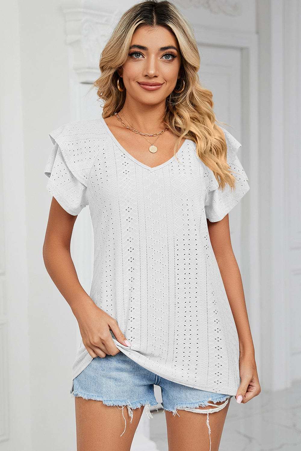 Eyelet V-Neck Short Sleeve T-Shirt - Trendsi - Flyclothing LLC