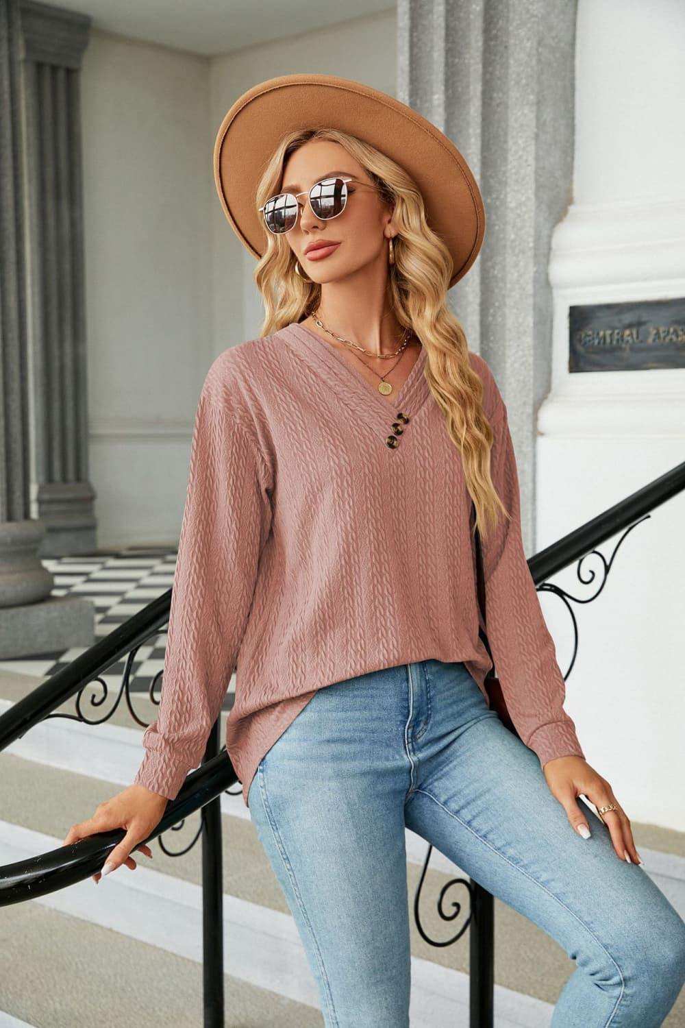 Decorative Button V-Neck Long Sleeve T-Shirt - Trendsi - Flyclothing LLC