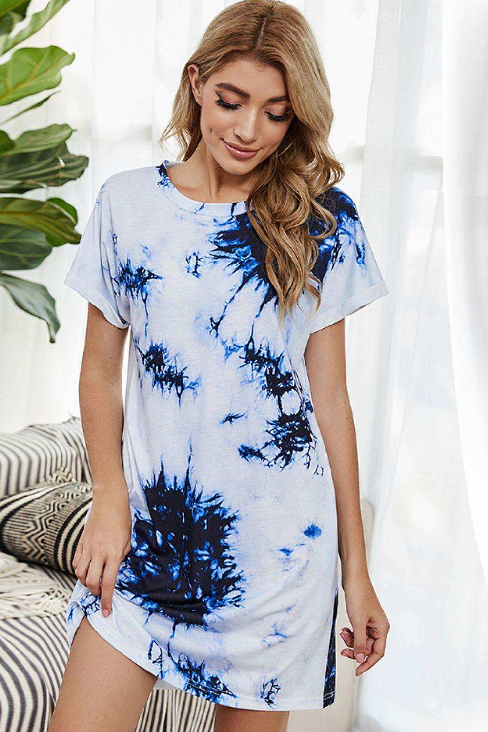 Tie-Dye Round Neck Tee Dress with Pockets - Trendsi - Flyclothing LLC