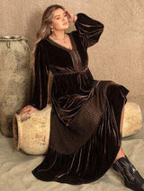 Plus Size V-Neck Balloon Sleeve Maxi Dress - Trendsi - Flyclothing LLC