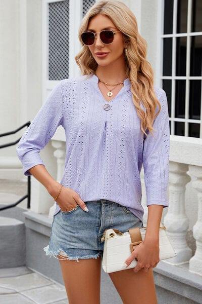 Eyelet Notched Knit Jacquard Top - Trendsi
