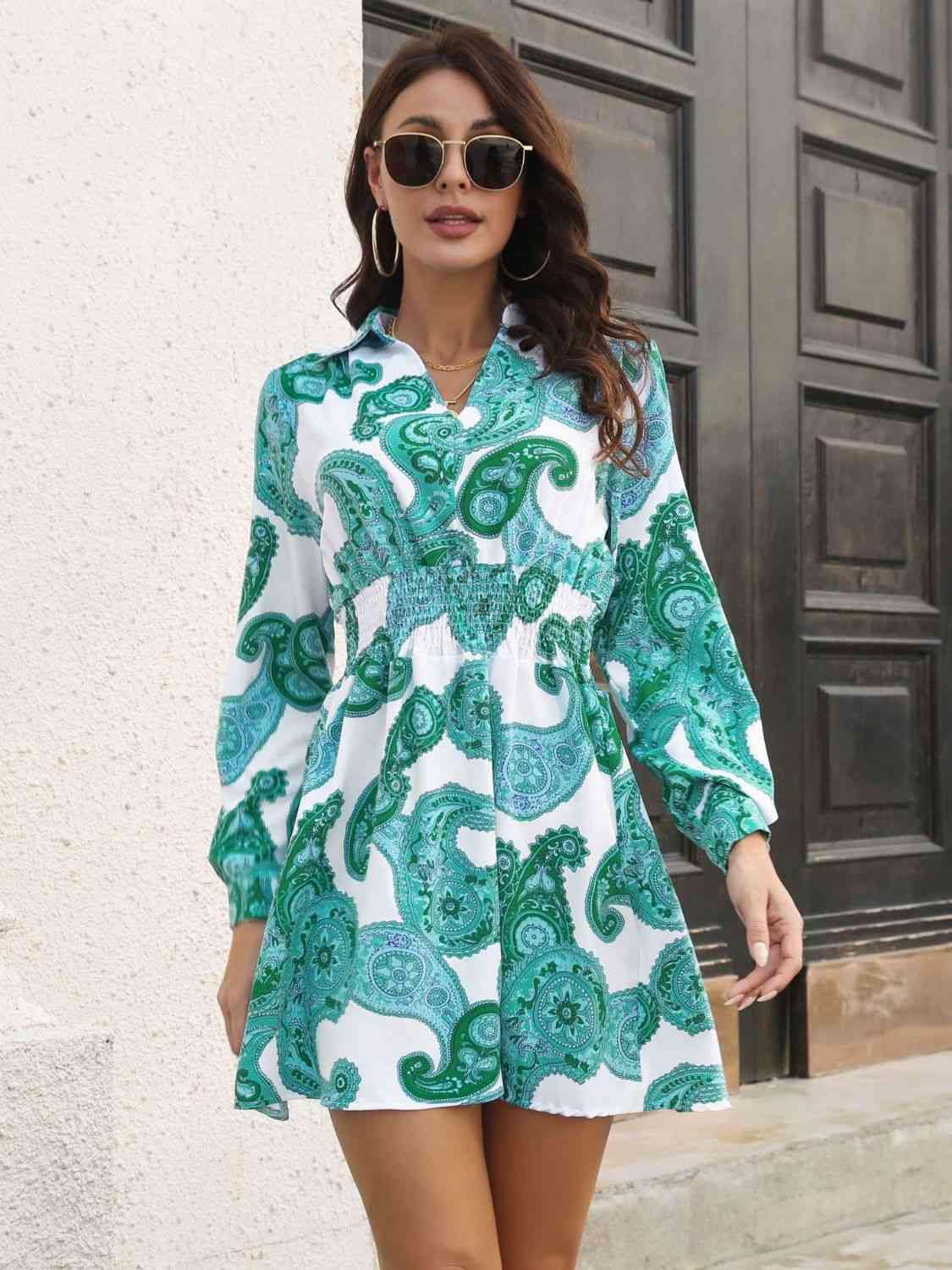 Paisley Print Johnny Collar Smocked Dress - Trendsi