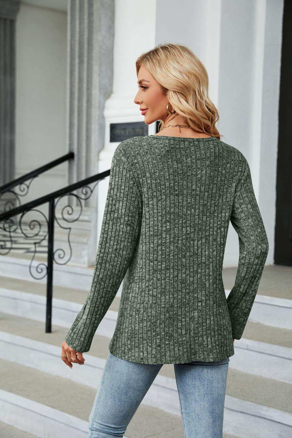 Buttoned Long Sleeve Slit Top - Trendsi - Flyclothing LLC