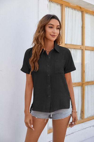 Button Up Collared Neck Short Sleeve Shirt - Trendsi