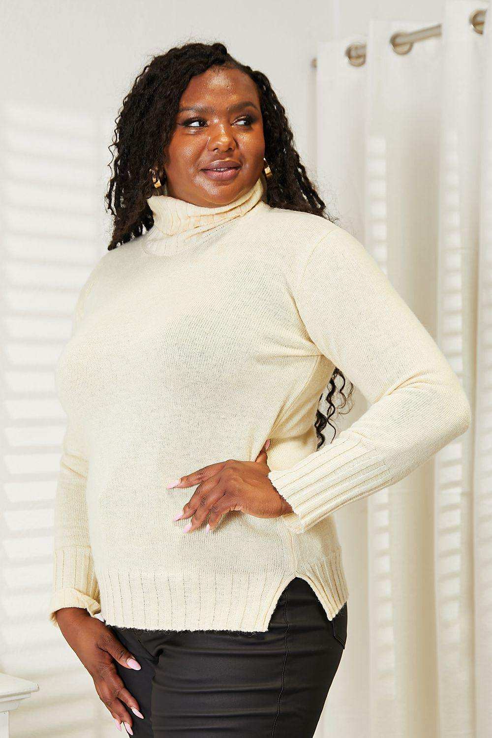 Heimish Full Size Long Sleeve Turtleneck Sweater with Side Slit - Trendsi - Flyclothing LLC